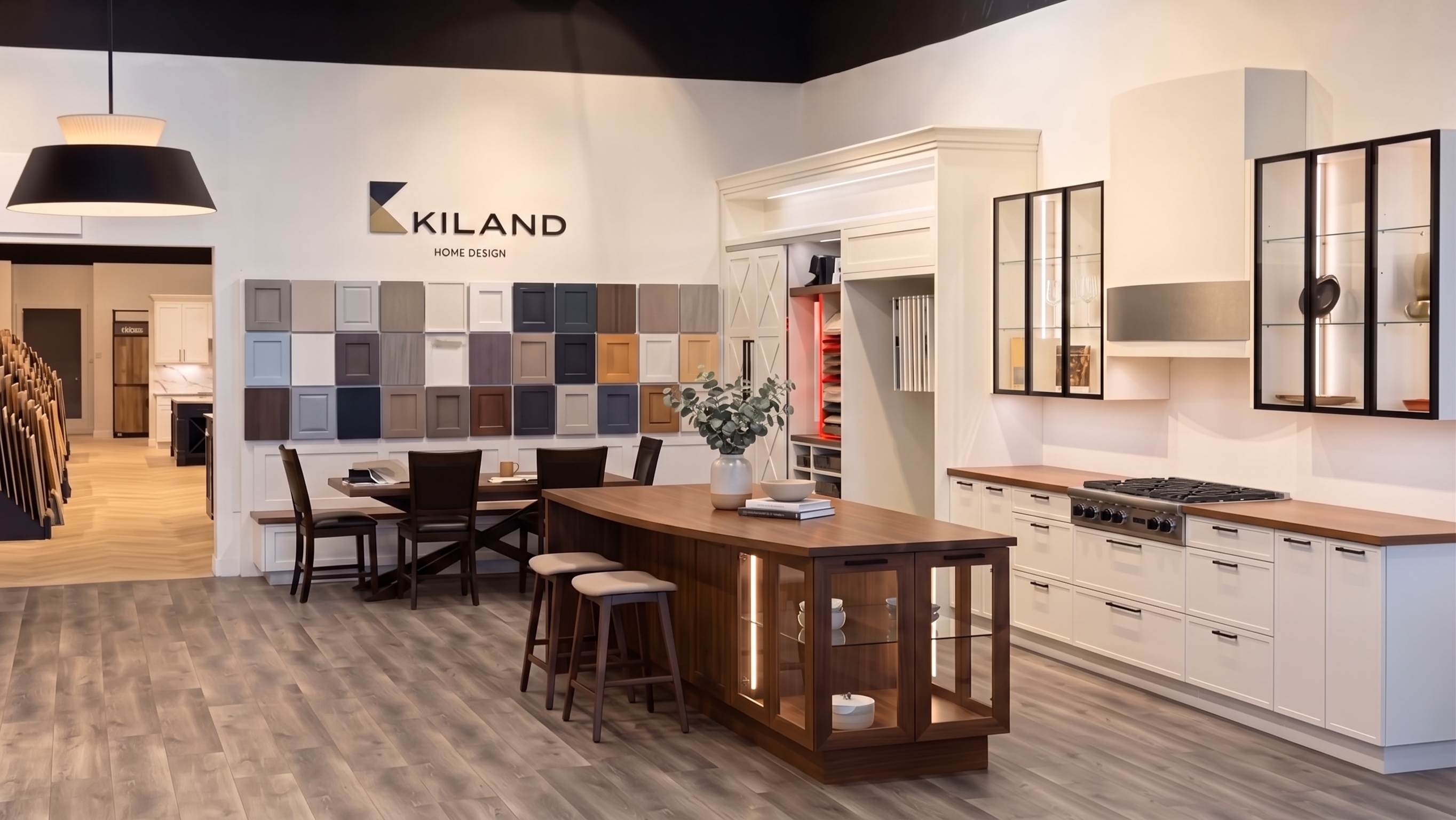 KiLAND Design Center in San Jose: storefront, showroom floor, flooring gallery and MÀVIO plumbing room