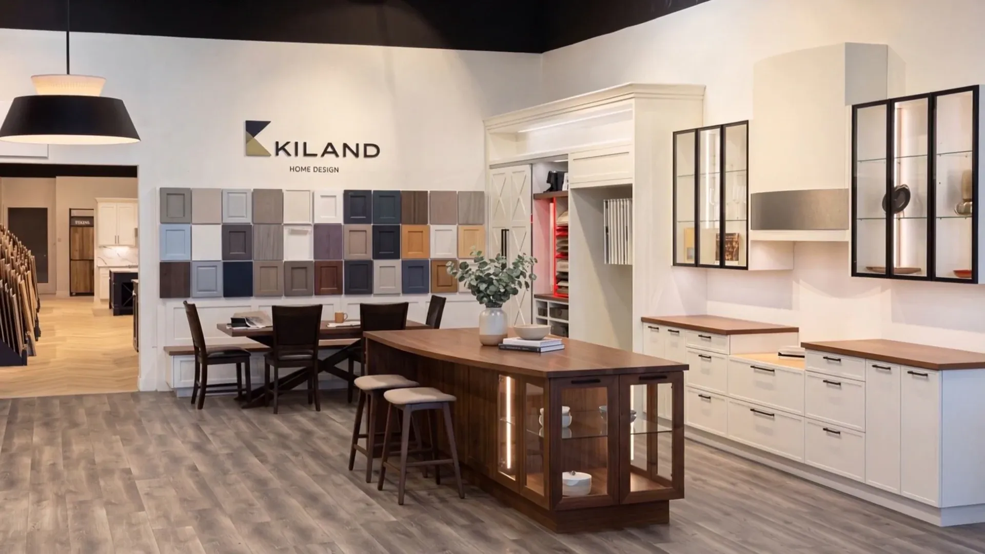 KiLAND Design Center in San Jose: storefront, showroom floor, flooring gallery and MÀVIO plumbing room